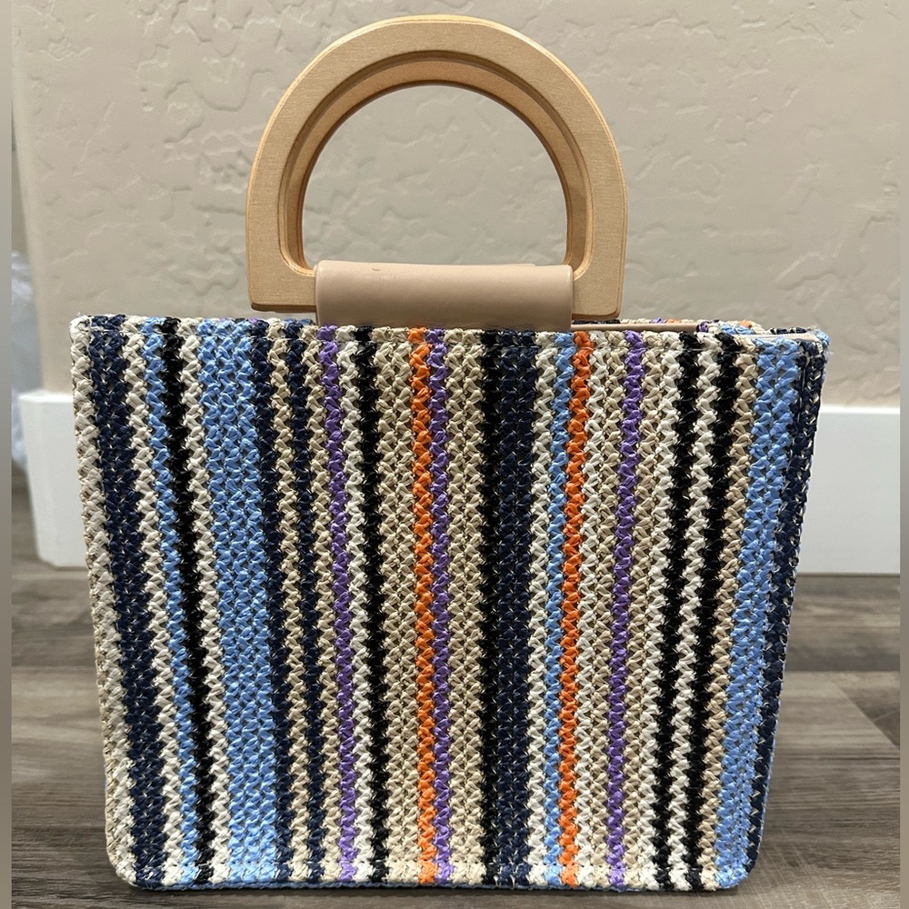 Striped Knit Top-Handle Women’s Bag in Blue, Black & Cream